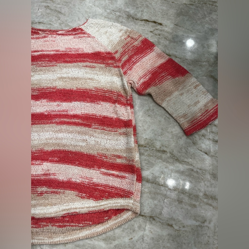 Chico’s Open Knit Sweater – Coral & Cream‎ Stripes – Fits Like Medium